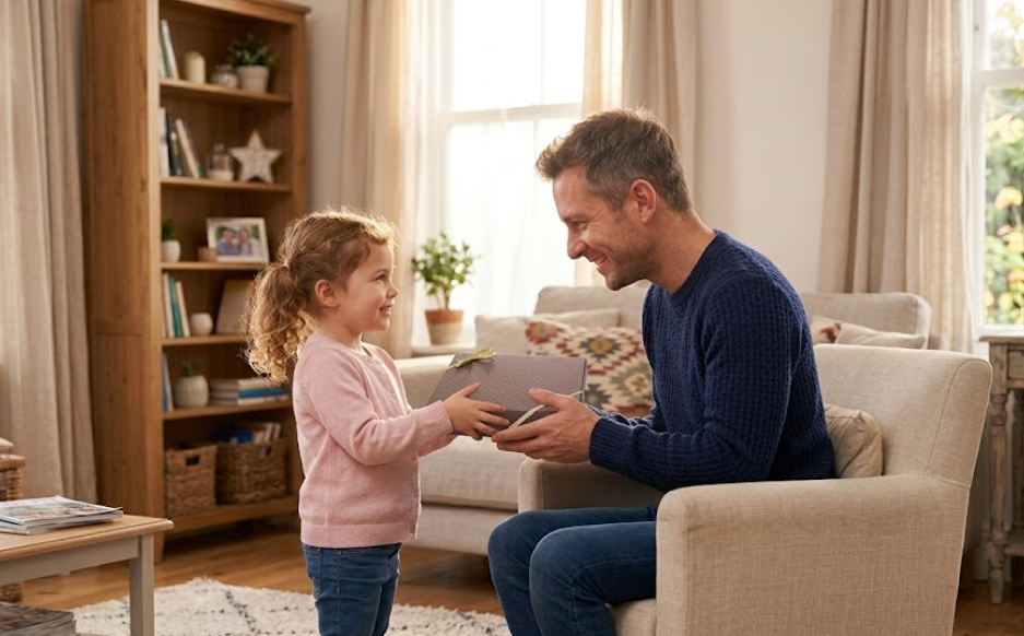 This is a picture of a girl giving her dad candy boxes This is a picture of a girl giving her dad candy boxes